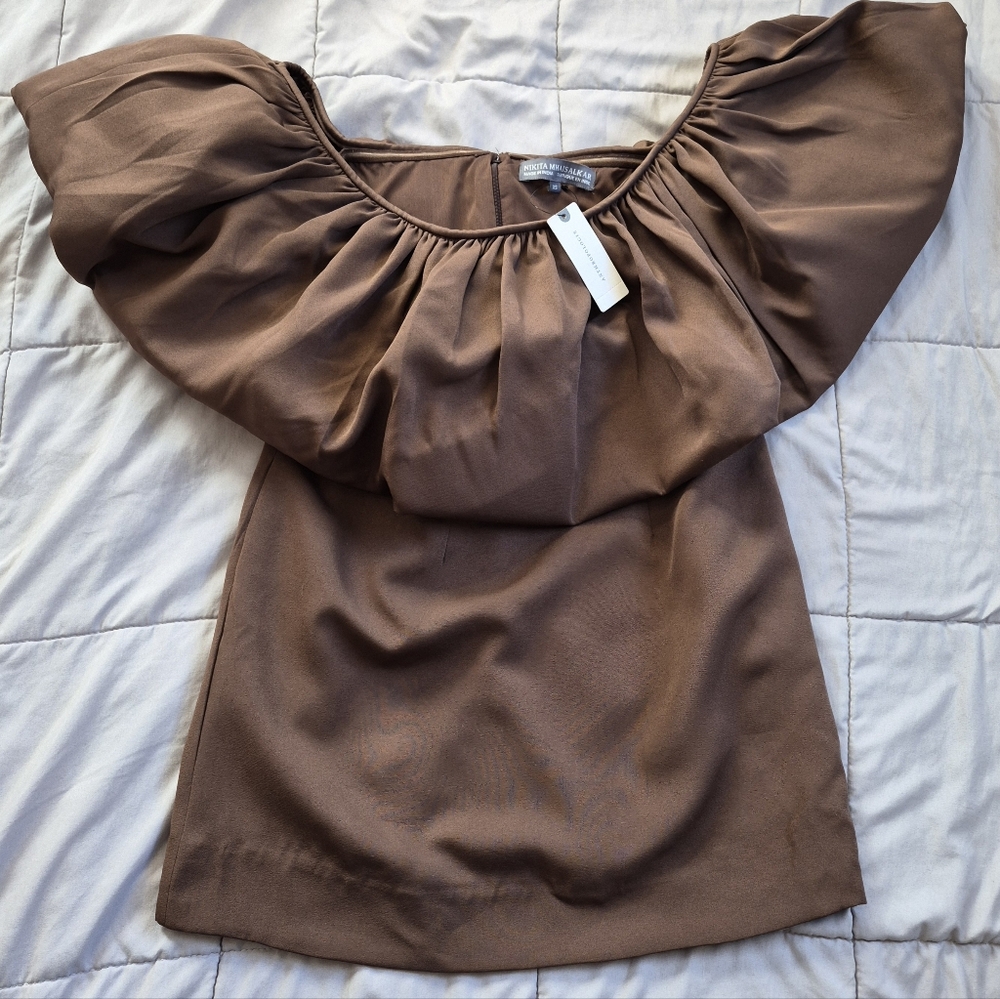 NWT Anthropologie Nikita Mhaisalkar Off-The-Shoulder Bubble Dress, XS, Brown